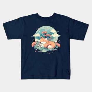 Cherry Blossom Dreams - Sleeping Shiba Inu Kids T-Shirt